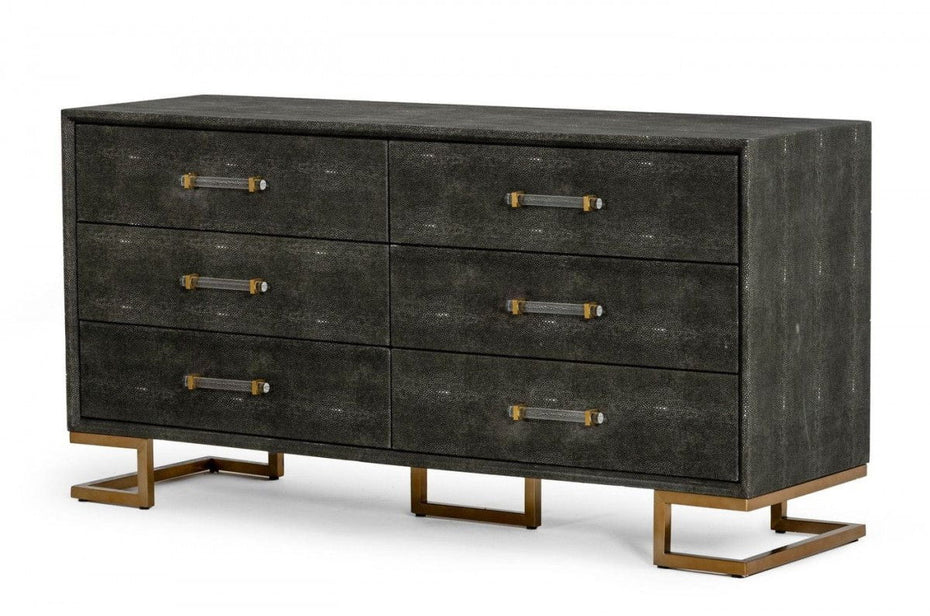 Faux Leather And Gold Six Drawer Double Dresser - Gray Shagreen