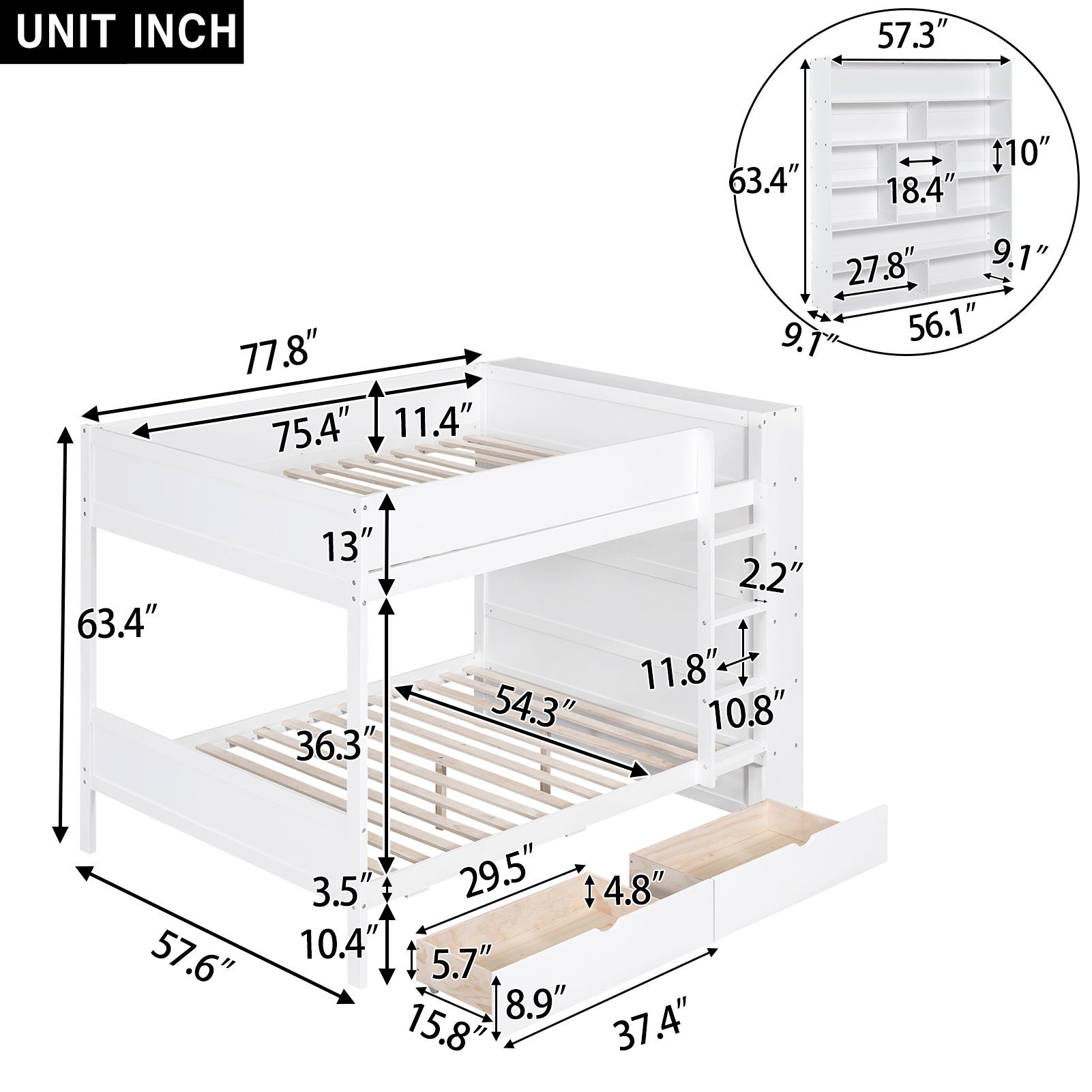 Full Over Full Bunk Bed With 2 Drawers And Multi - Layer Cabinet