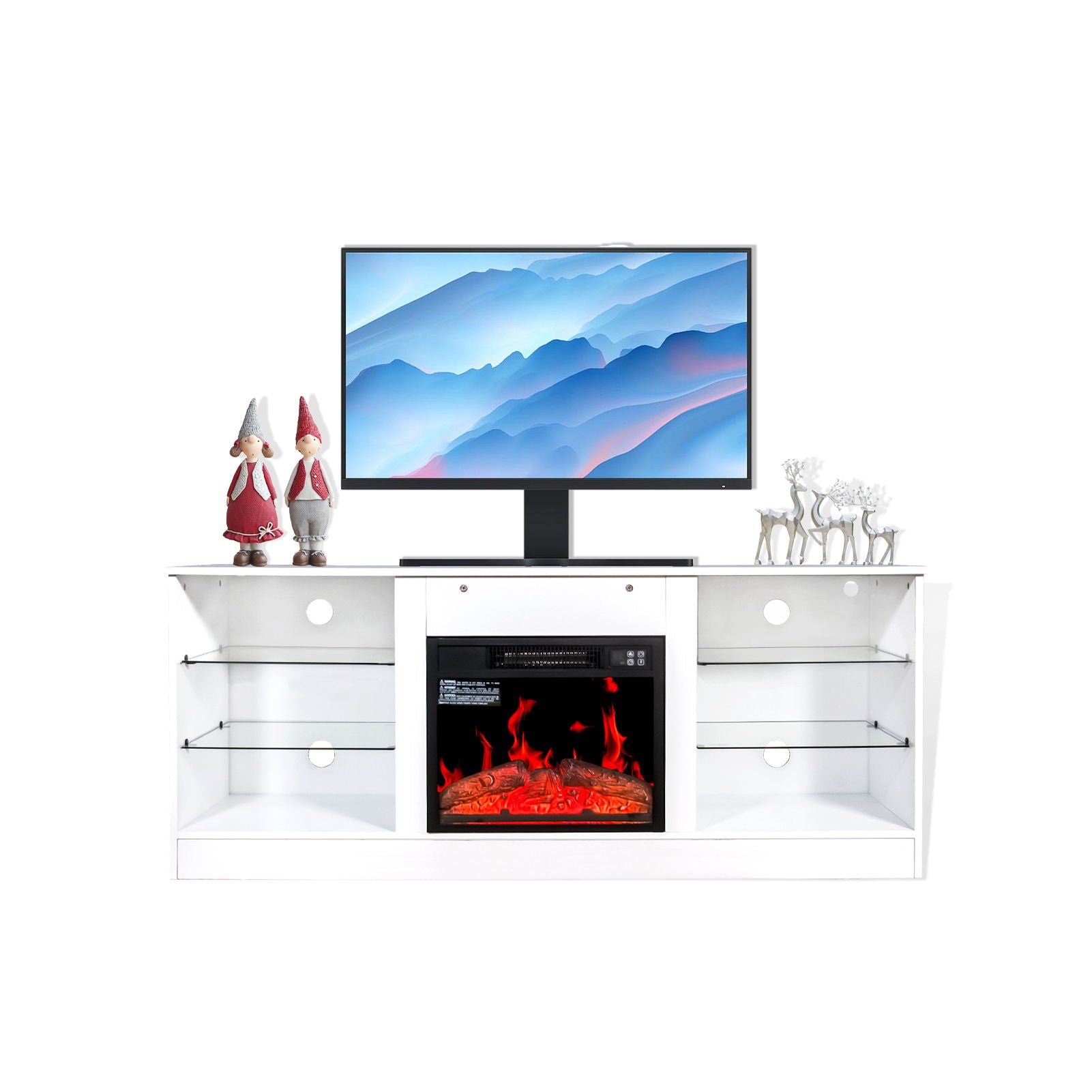 Fireplace TV Stand With 18" Electric Fireplace Heater, Modern Entertainment Center For TVs Up To 62" With Adjustable Glass Shelves And Storage Cabinets