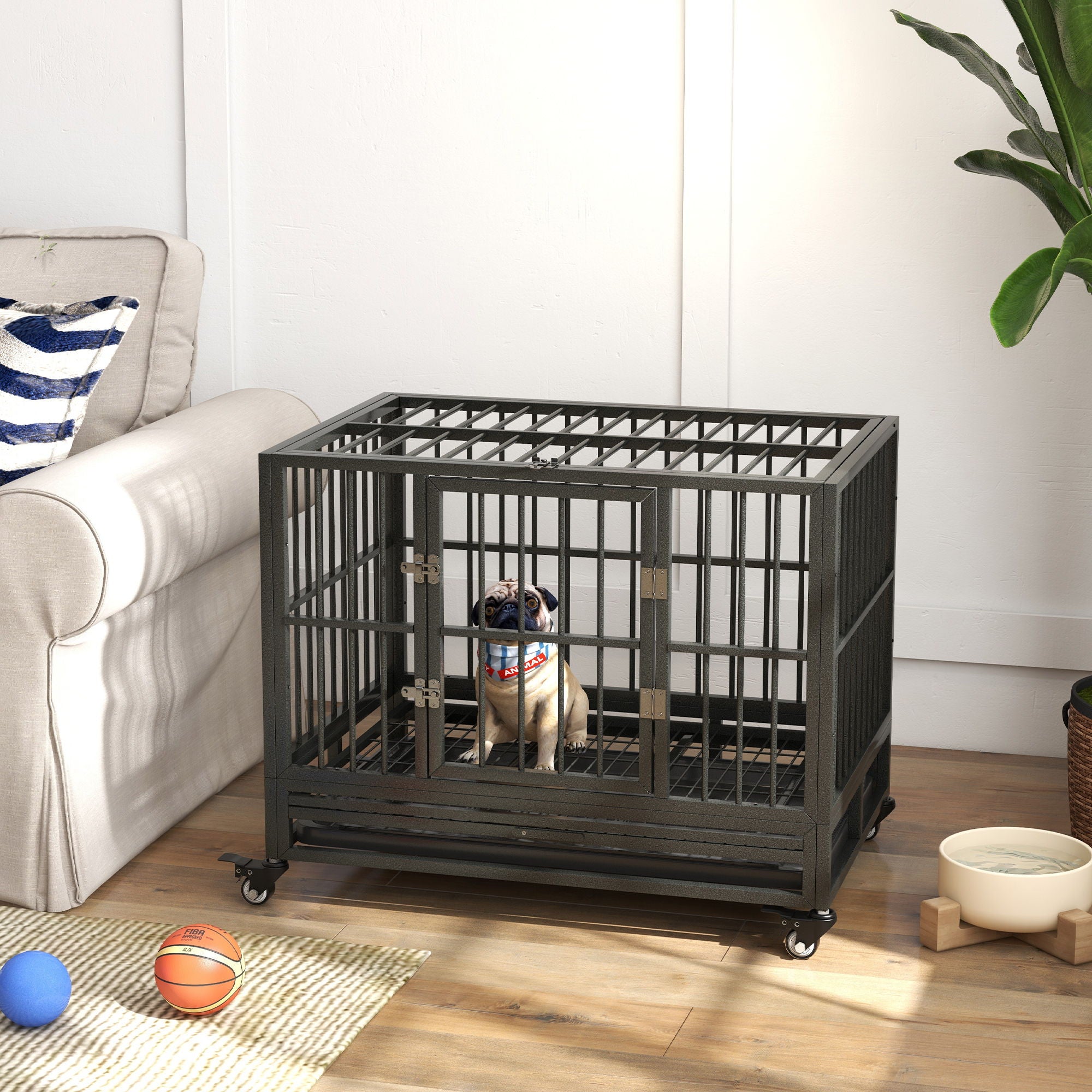 Pawhut - 36" Heavy Duty Dog Crate Metal Cage Kennel With Lockable Wheels, Double Door And Removable Tray - Gray