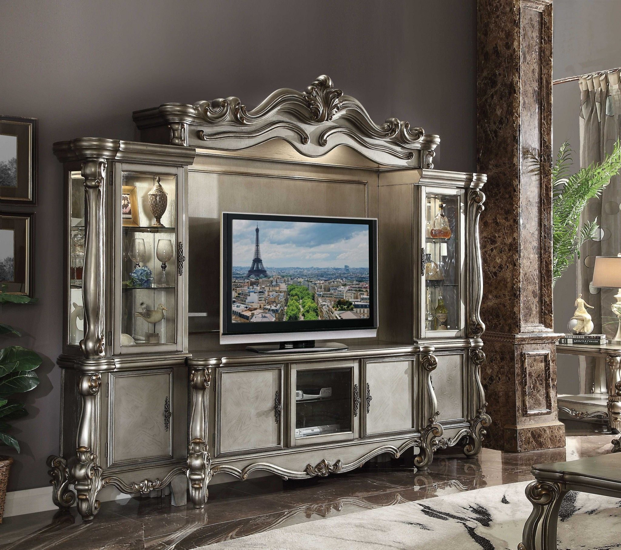 Solid Wood Floating Mount Entertainment Center - Platinum