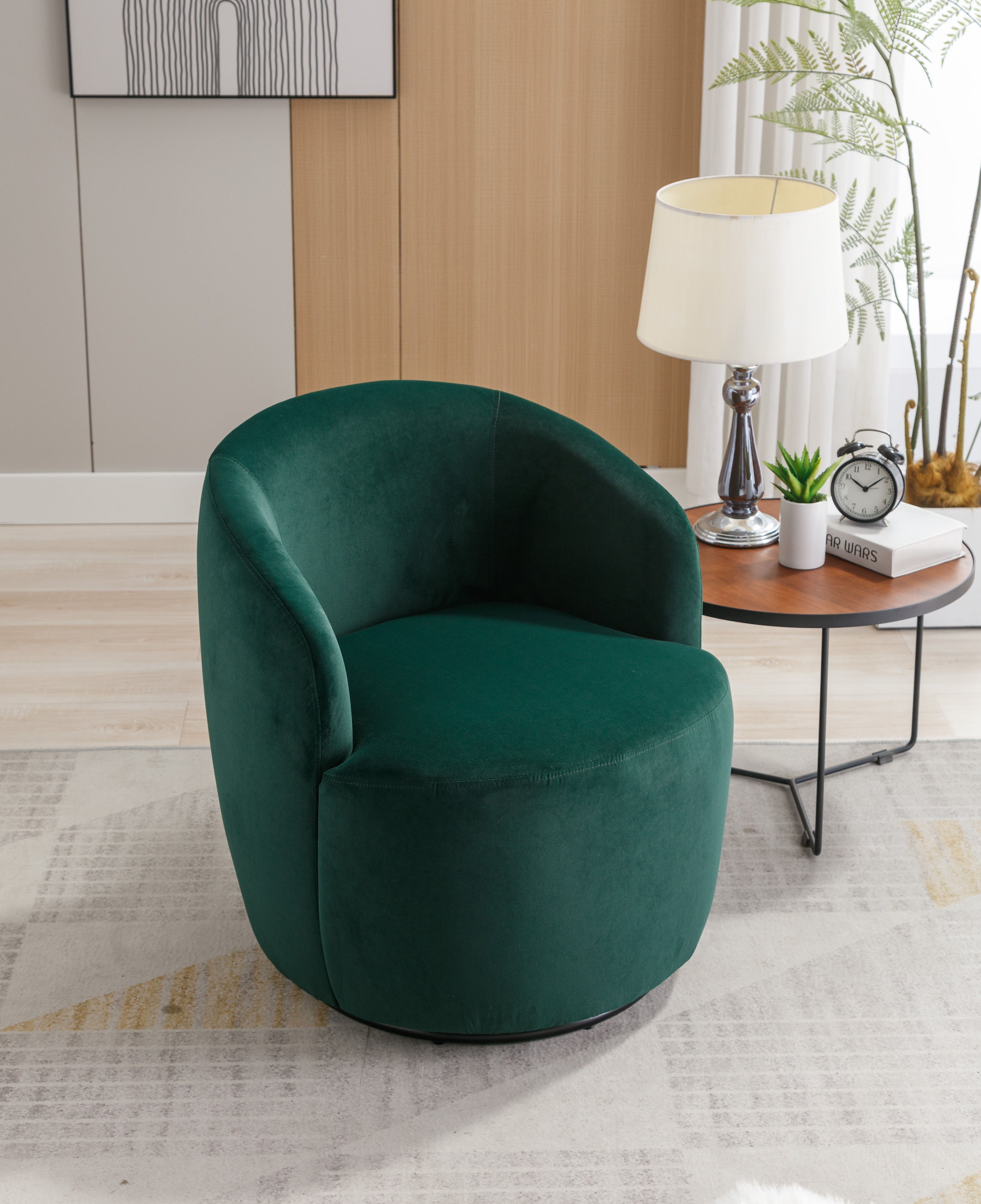 Velvet Fabric Swivel Accent Armchair Barrel Chair With Powder Coating Metal Ring