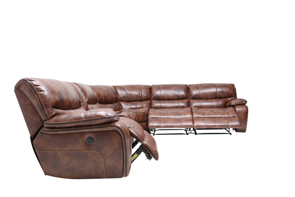 Leather Power Reclining L Shaped Six Piece Corner Sectional With Console - Brown