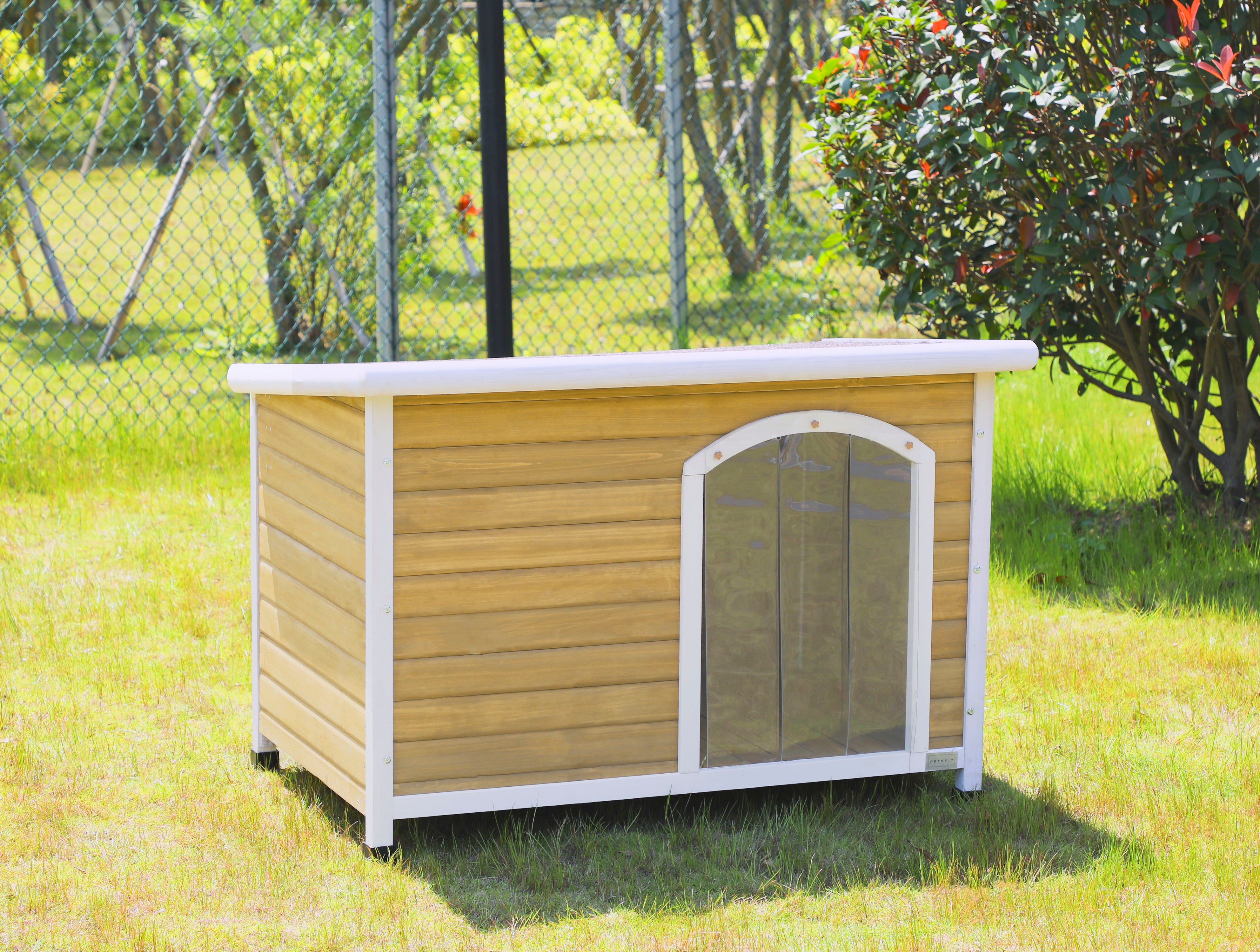 Large Wooden Outdoor Dog House, Waterproof Roof, Elevated Floor, Adjustable Plastic Feet - Yellow