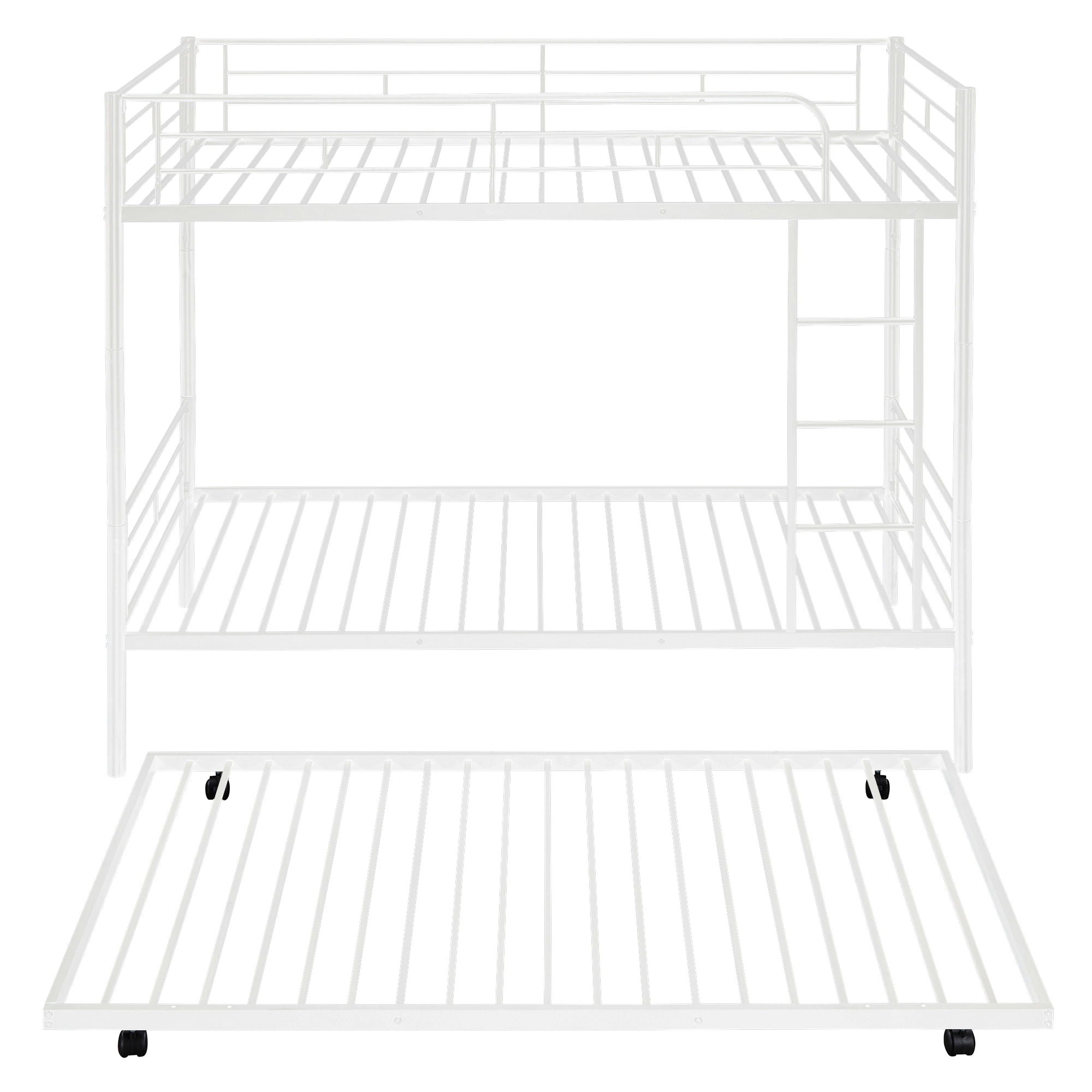 Twin Over Twin Metal Bunk Bed With Trundle, Can Be Divided Into Two Beds, No Box Spring Needed - White