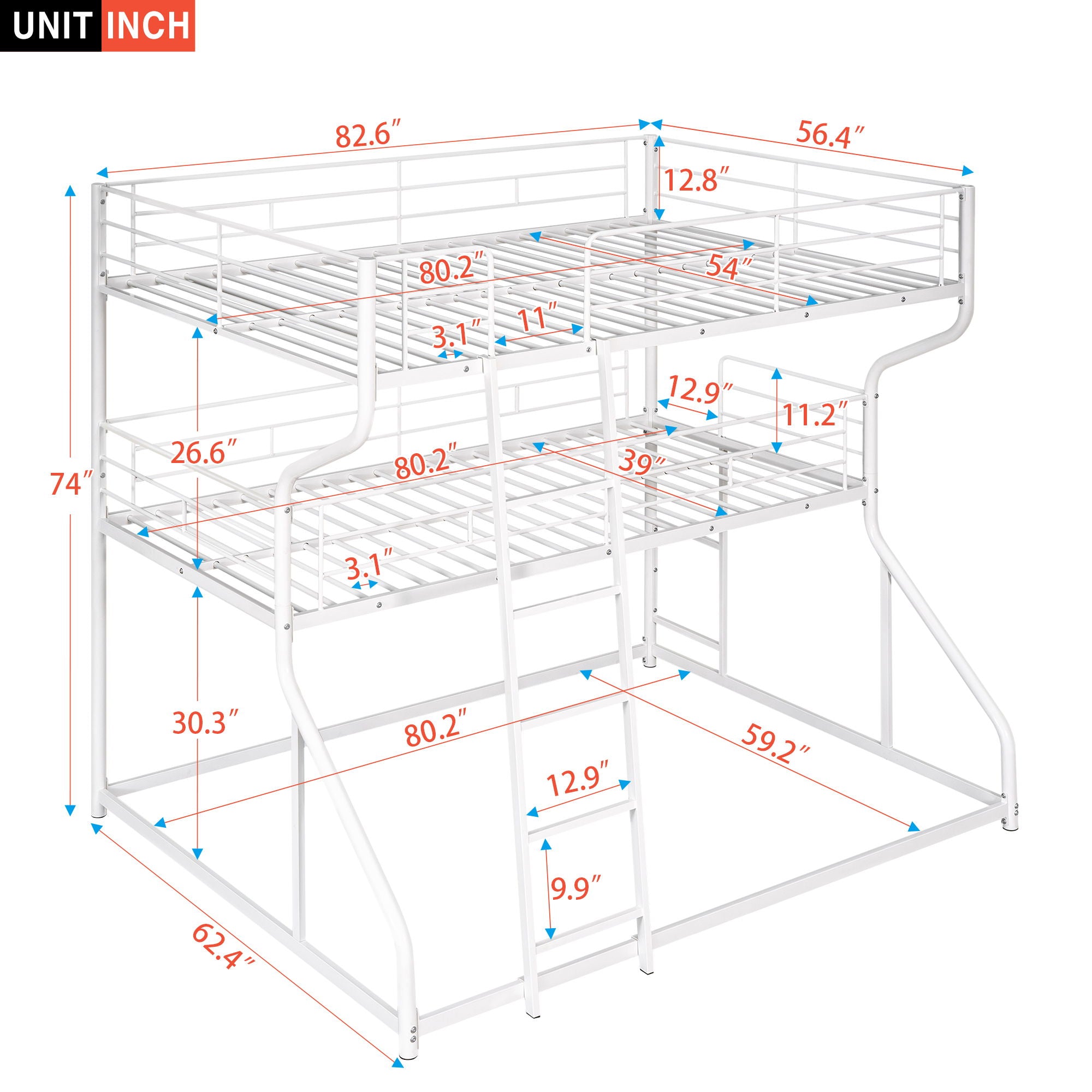 Full Long Over Twin Long Over Queen Size Triple Bunk Bed With Long And Short Ladder - White