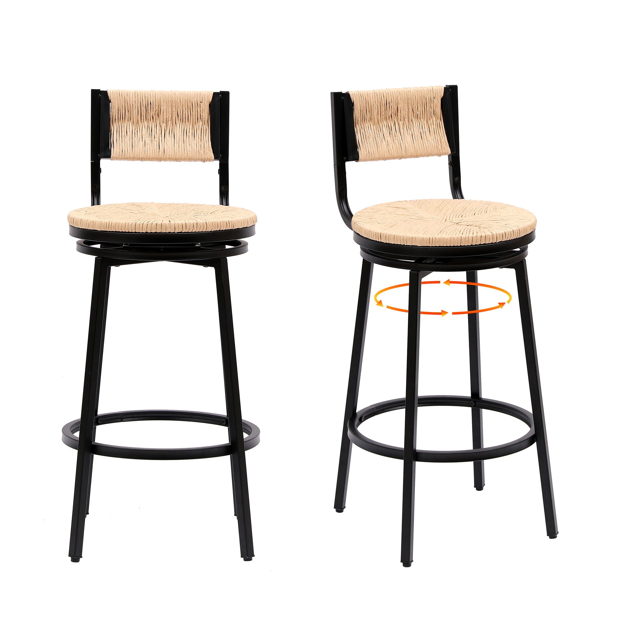 Bar Stools Swivel Counter Chairs With Metal Frame Hand Woven Paper Rope Dining Barstools For Kitchen Counter (Set of 2)