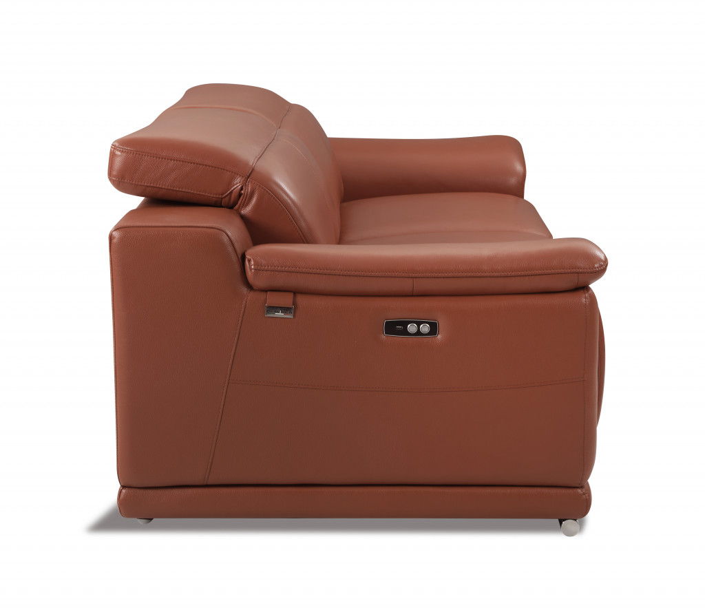 Italian Leather Power Reclining Love Seat - Camel / Silver