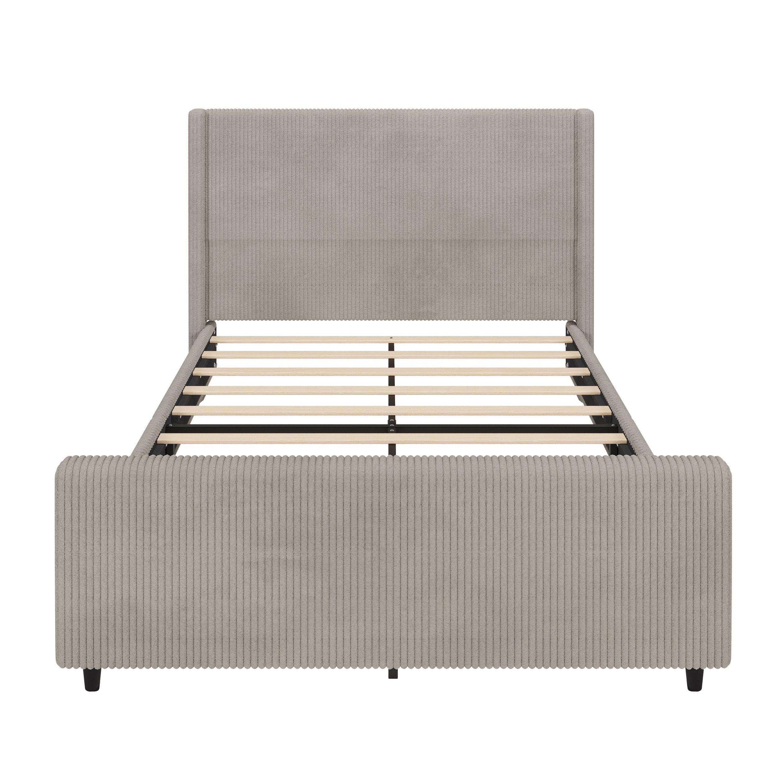 Corduroy Upholstered Bed Frame With Vertical Stripe Wingback And High Footboard No Box Spring Needed