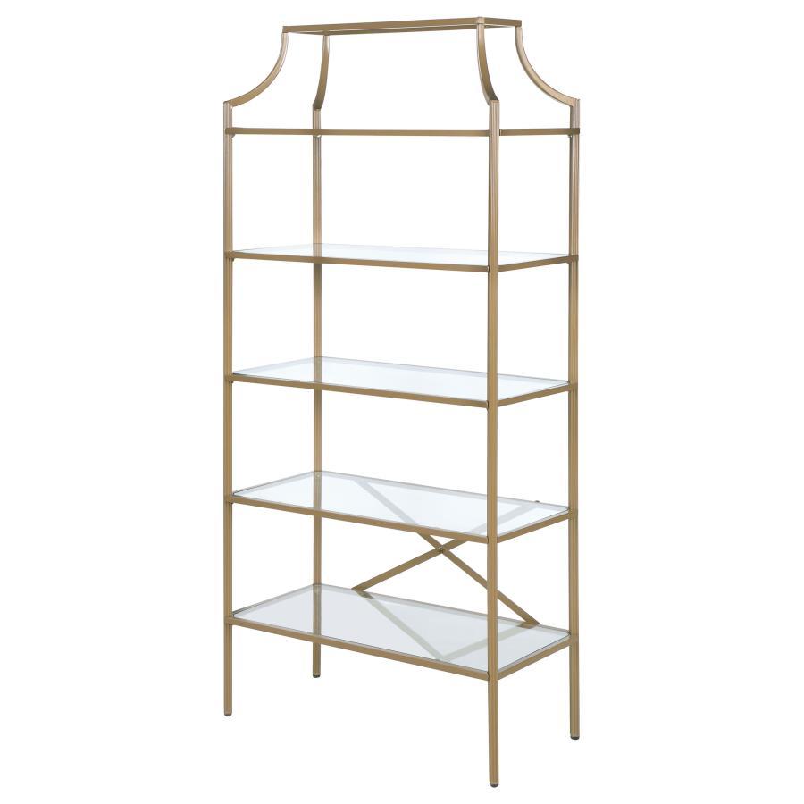 Serena - 5-Shelf Glass Bookshelf - Gold by CoasterEssence | Bel Furniture