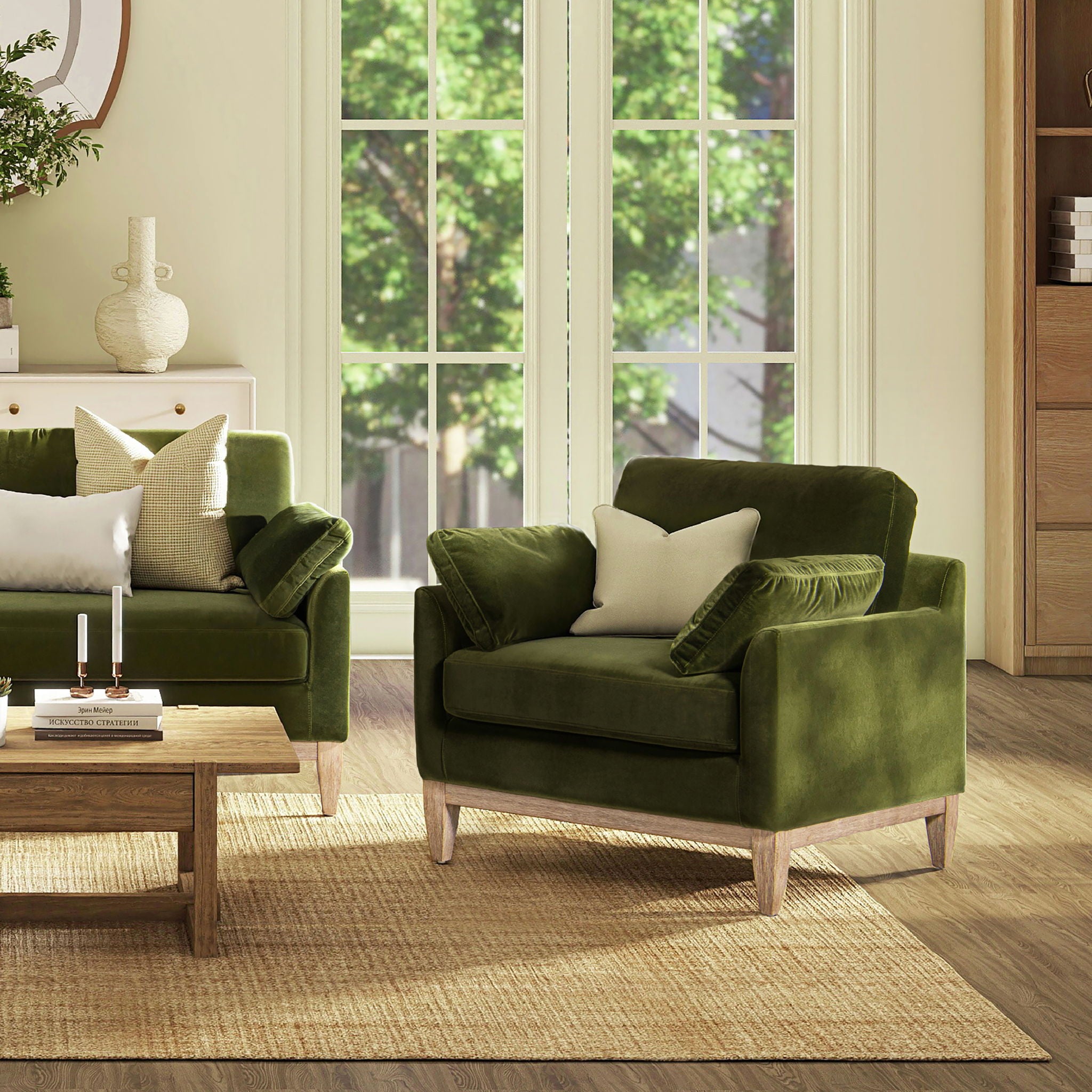 Pasadena - Wide Modern Farmhouse Accent Arm Chair - Olive Green - Arm