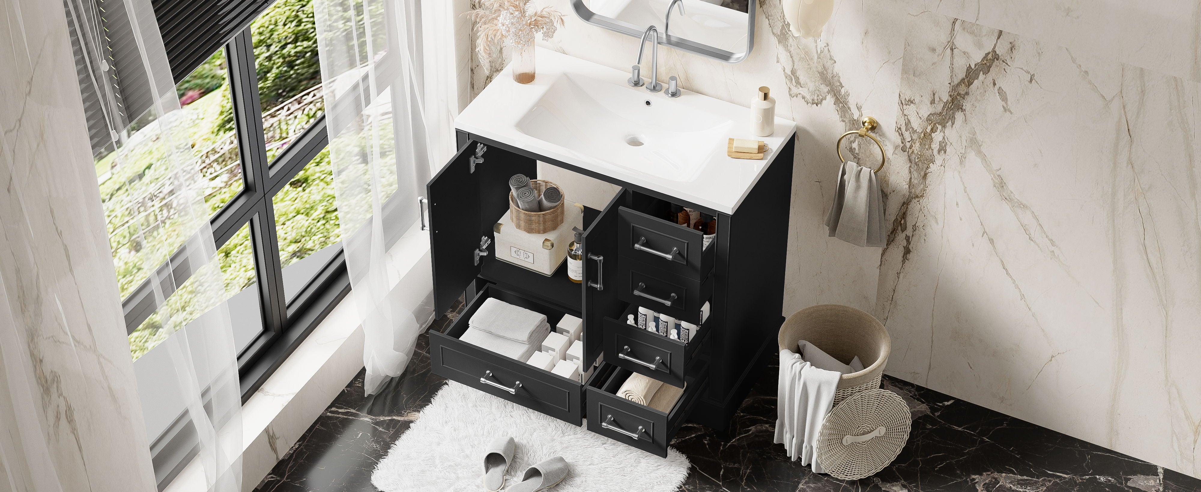 Traditional Bathroom Vanity With Resin Sink Combo Set, Bathroom Cabinet With Two Doors And Four Drawers