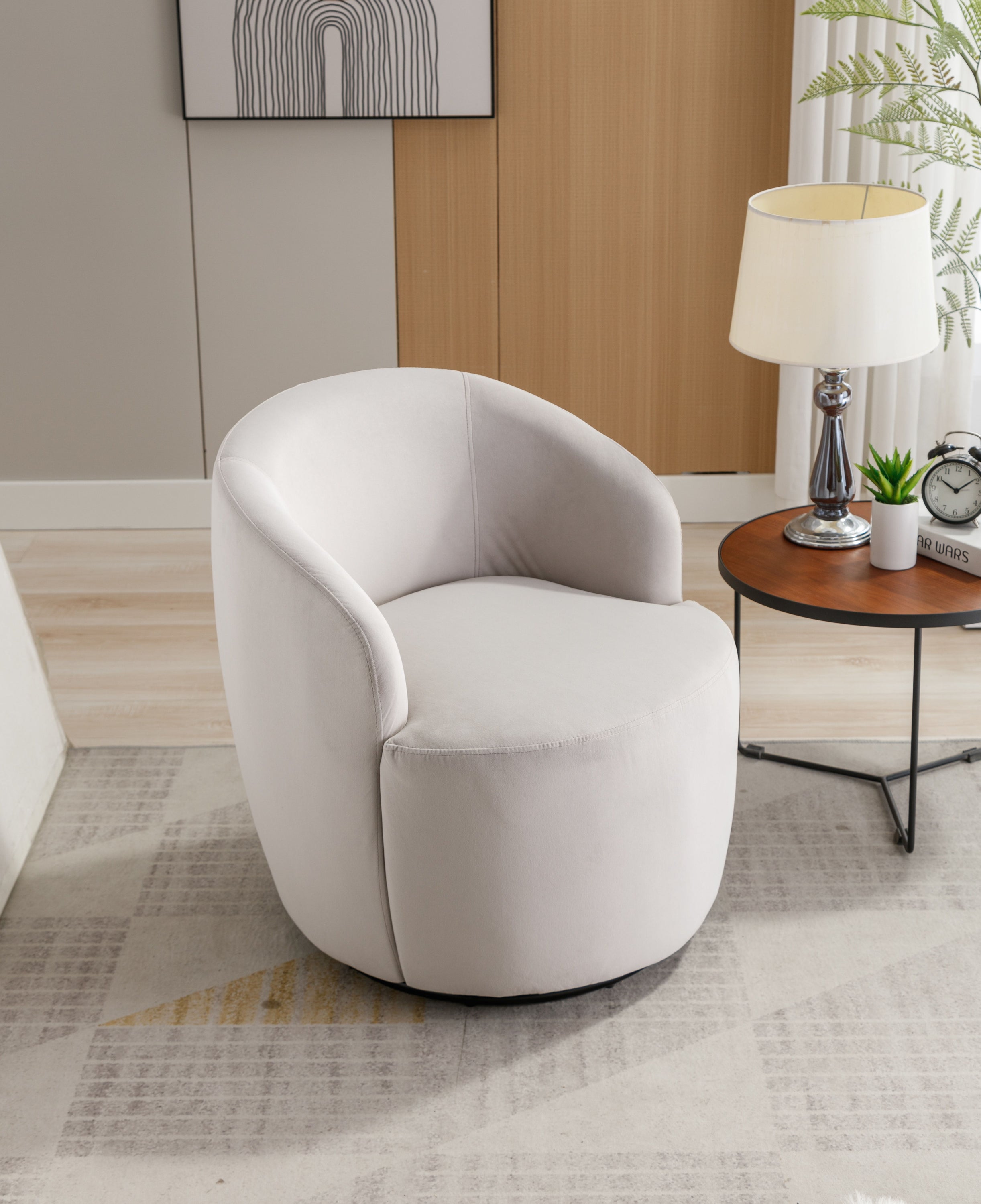 Velvet Fabric Swivel Accent Armchair Barrel Chair With Powder Coating Metal Ring