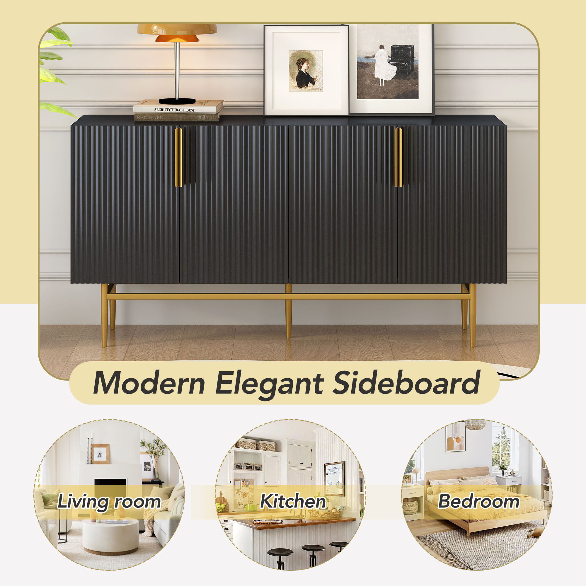 Modern Elegant 4 Door Sideboard Gold Metal Handle Buffet Cabinet For Dining Room, Living Room, Bedroom, Hallway