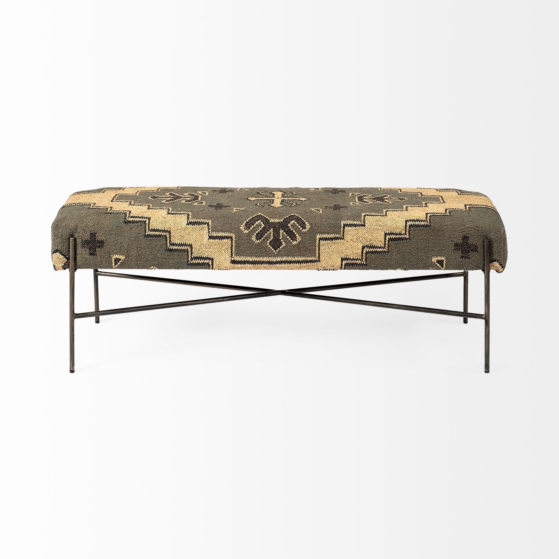 Upholstered Cotton Blend Abstract Bench - Green / Brown / Black