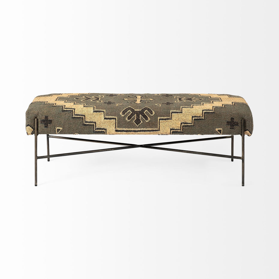 Upholstered Cotton Blend Abstract Bench - Green / Brown / Black