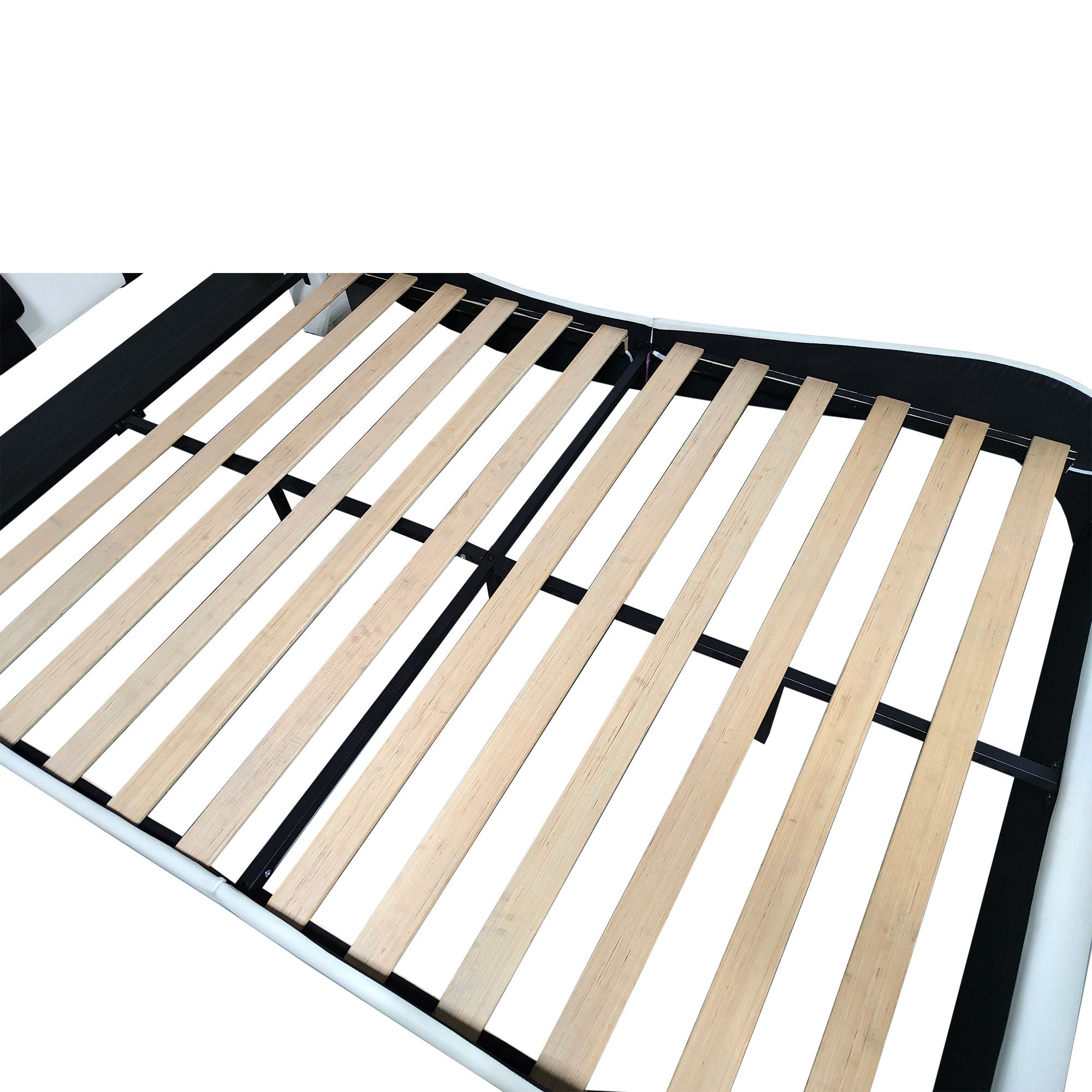 Upholstered Platform Bed Frame With LED Lighting, Bluetooth Connection To Play Music Control, Backrest Vibration Massage, Curve Design, Wood Slat Support