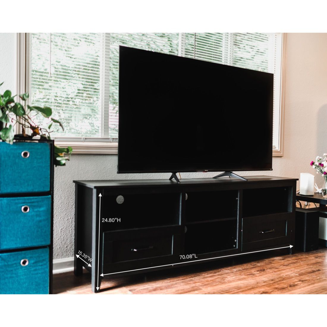 Open Shelving TV Stand With Bookcase And Two Drawers - Black