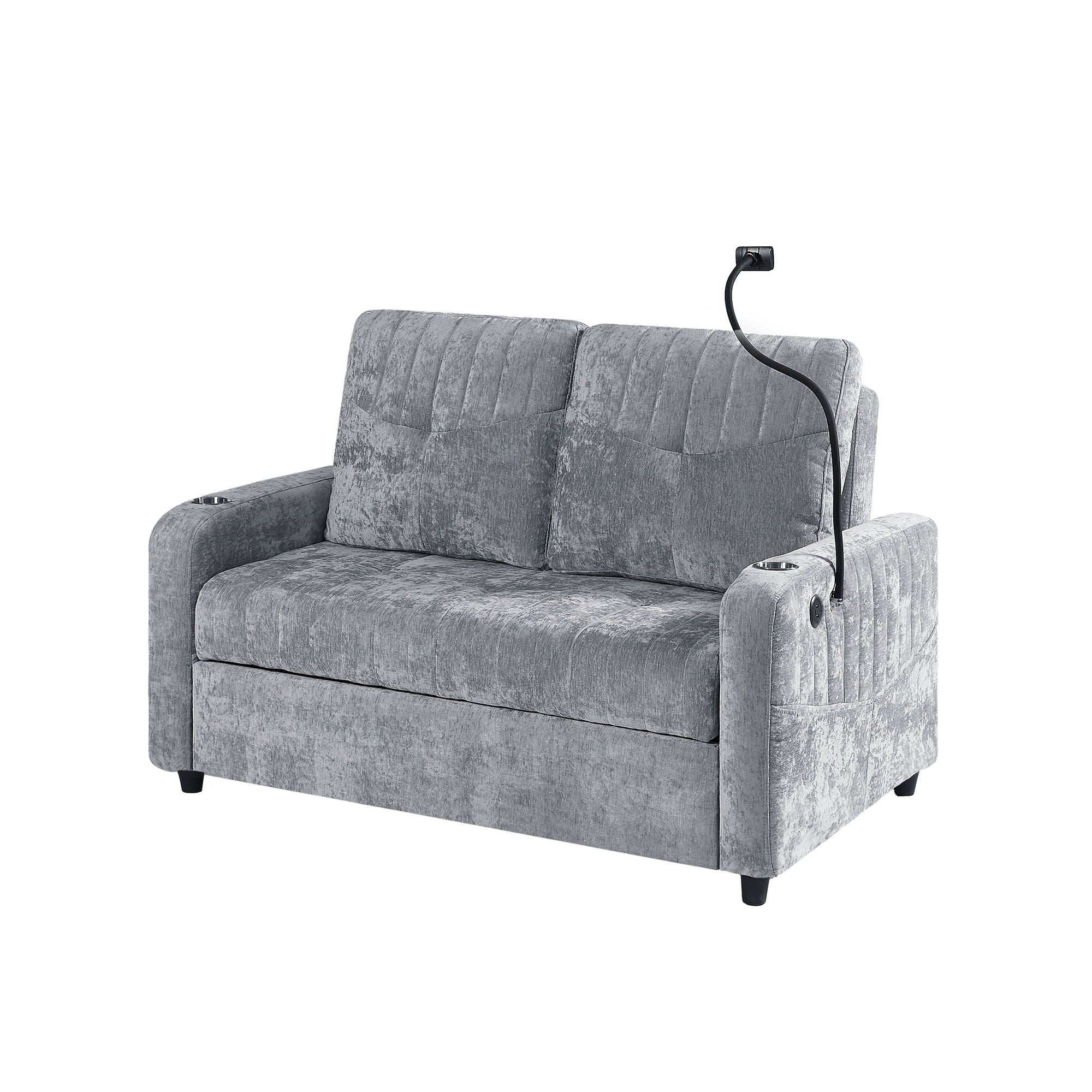 Modern Loveseat Pull Out Sofa Bed With Adjustable Backrest, Two Cup Holders, A Phone Holder, Three Charging Ports And Side Storage Pockets For Living Room