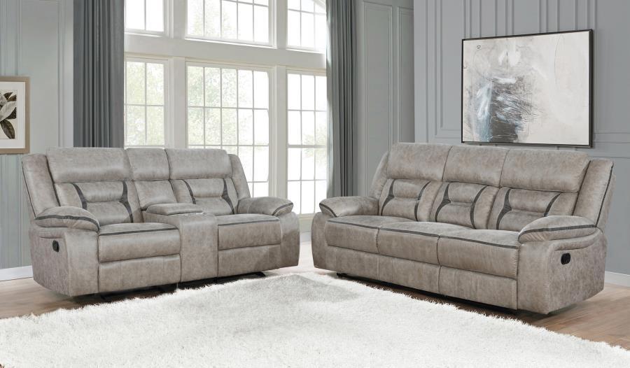 Greer - Upholstered Reclining Sofa Set Gray 2 Pc. Sofa, Loveseat by CoasterEveryday | Bel Furniture