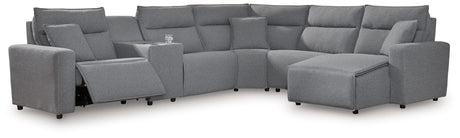 Modmax - Salt And Pepper - Reclining Sectional Gray 6 Pc. Power Reclining Sectional With RAF Press Back Power Chaise by Signature Design by Ashley® | Bel Furniture