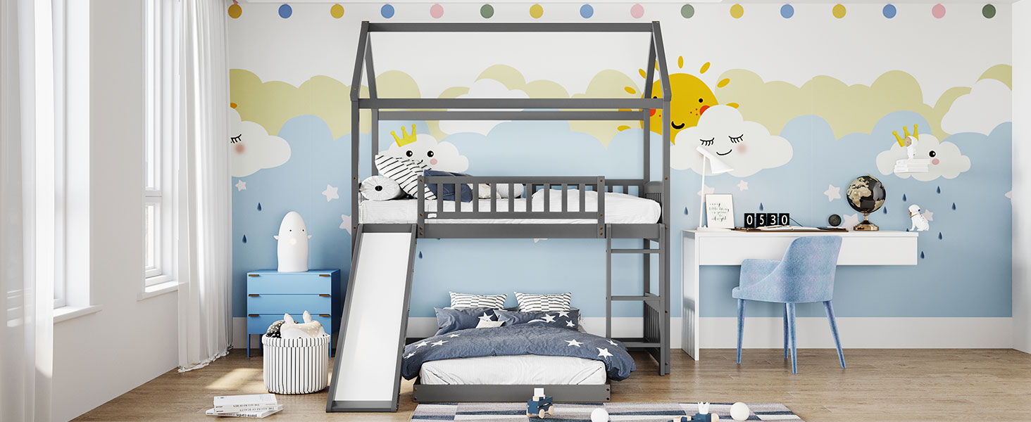 Twin Over Twin Bunk Bed With Slide, House Bed With Slide