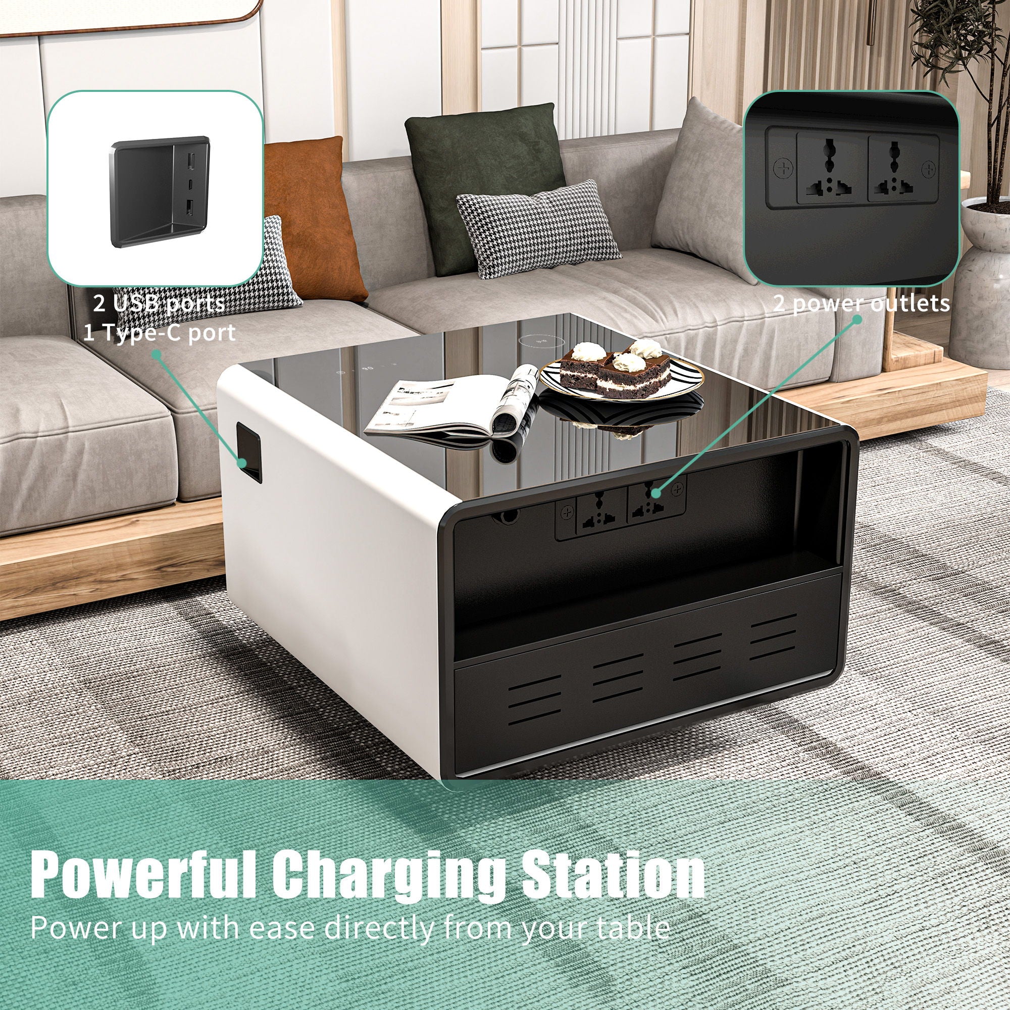 Modern Smart Side Table With Built-In Fridge, Wireless Charging, Temperature Control, Power Socket, USB Ports, Outlet Protection, Induction Light