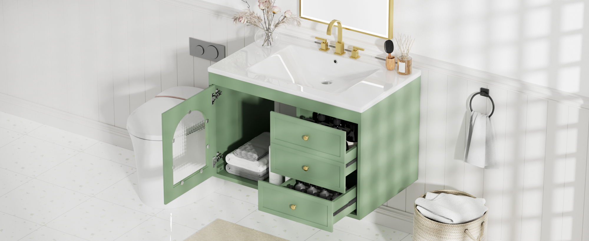 Elegant Floating Bathroom Vanity Sink And Cabinet Combo 1 Door And 2 Drawers - Green