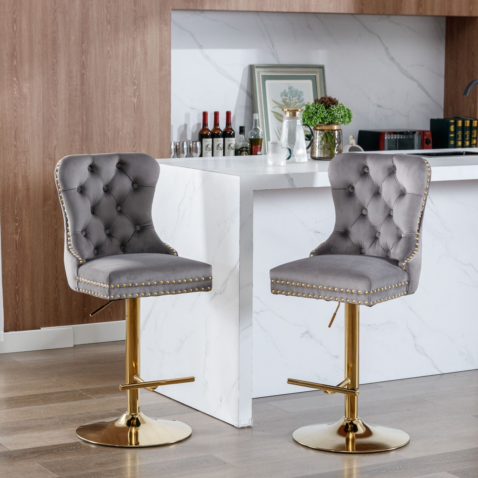 Thick Golden Swivel Velvet Barstools Adjusatble Seat Height From 25-33", Modern Upholstered Bar Stools With Backs Comfortable Tufted For Home Pub And Kitchen Island (Set of 2)