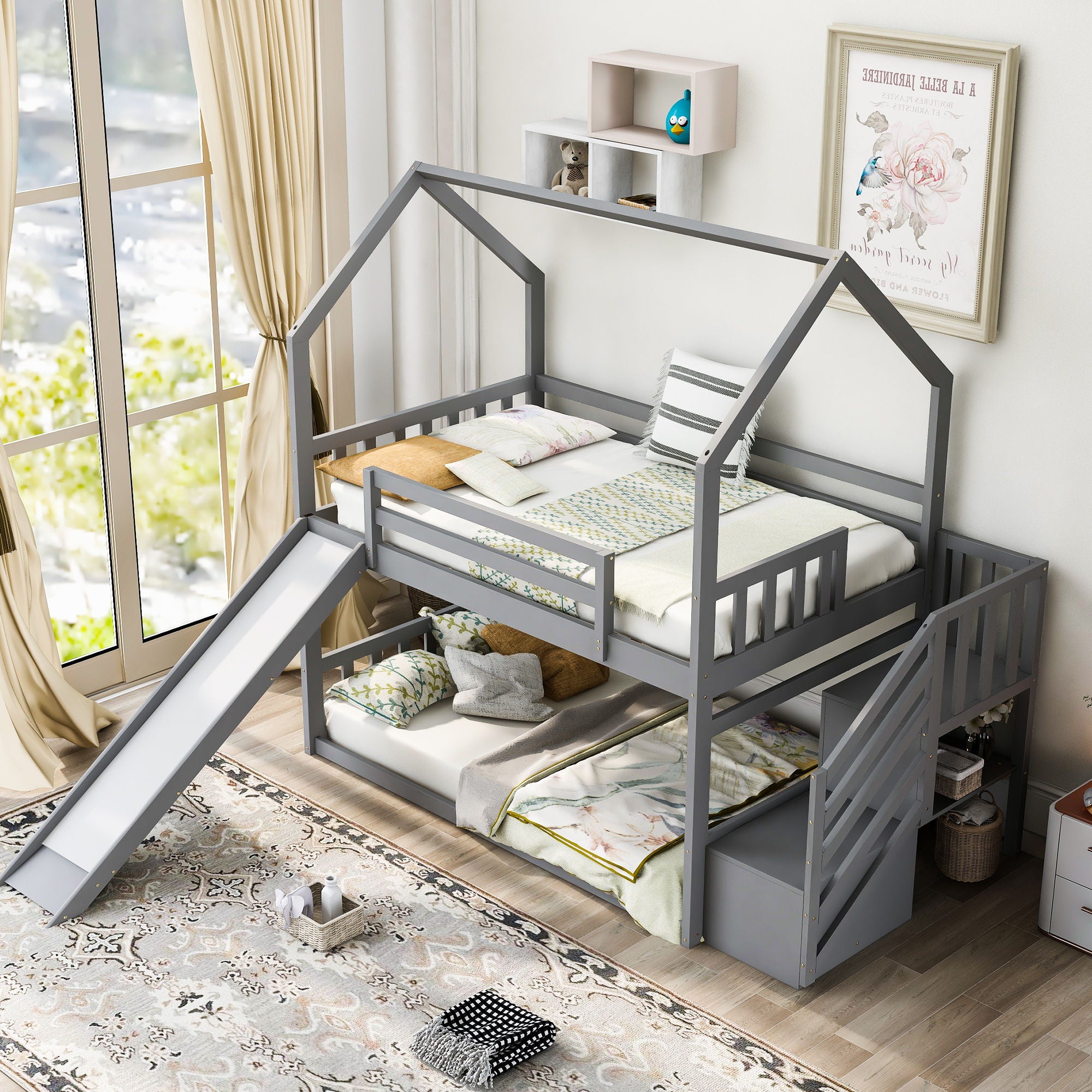 Twin Over Twin House Bunk Bed With Convertible Slide, Storage Staircase