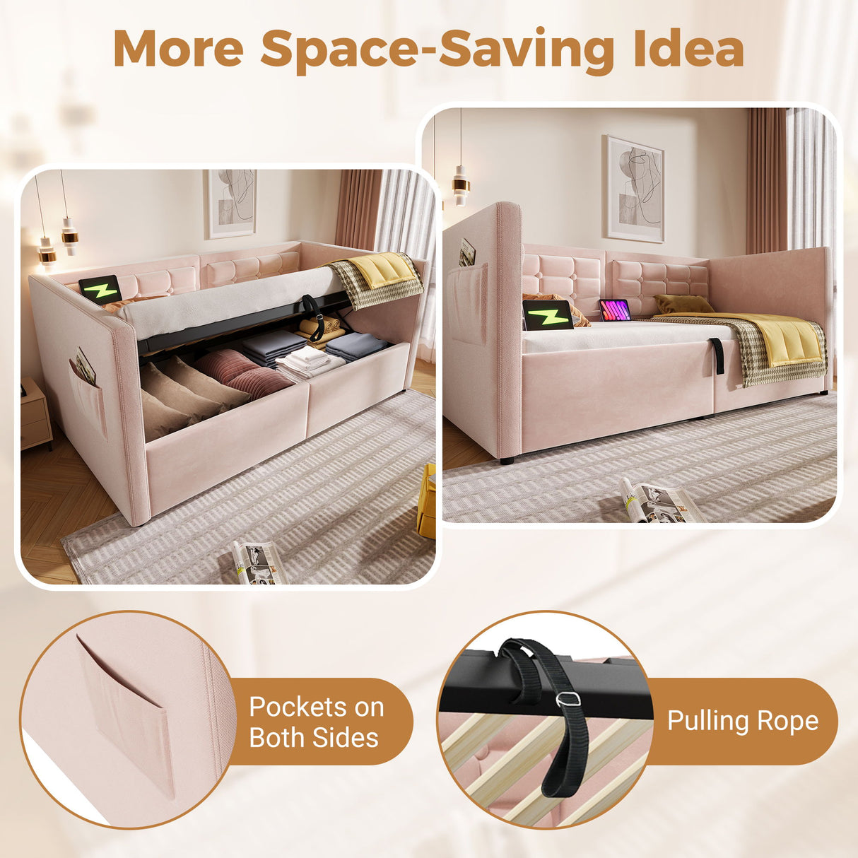 Upholstered Hydraulic Storage Daybed With USB & Type C Charging