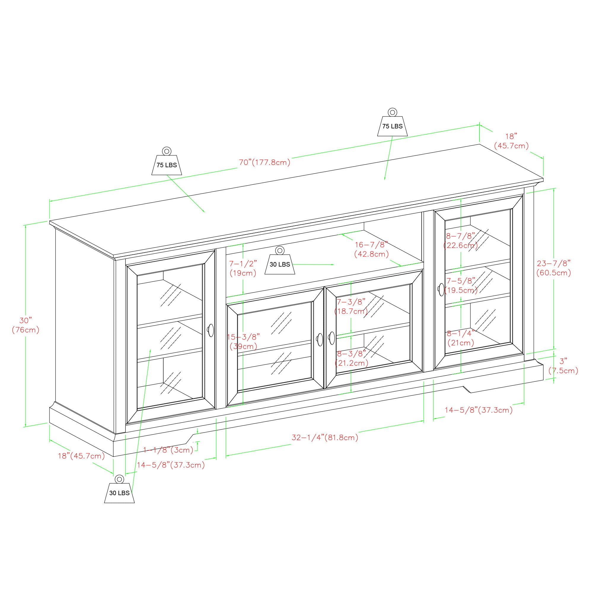 Transitional Classic 70" TV Stand For 80" TVs With 4 Glass Doors