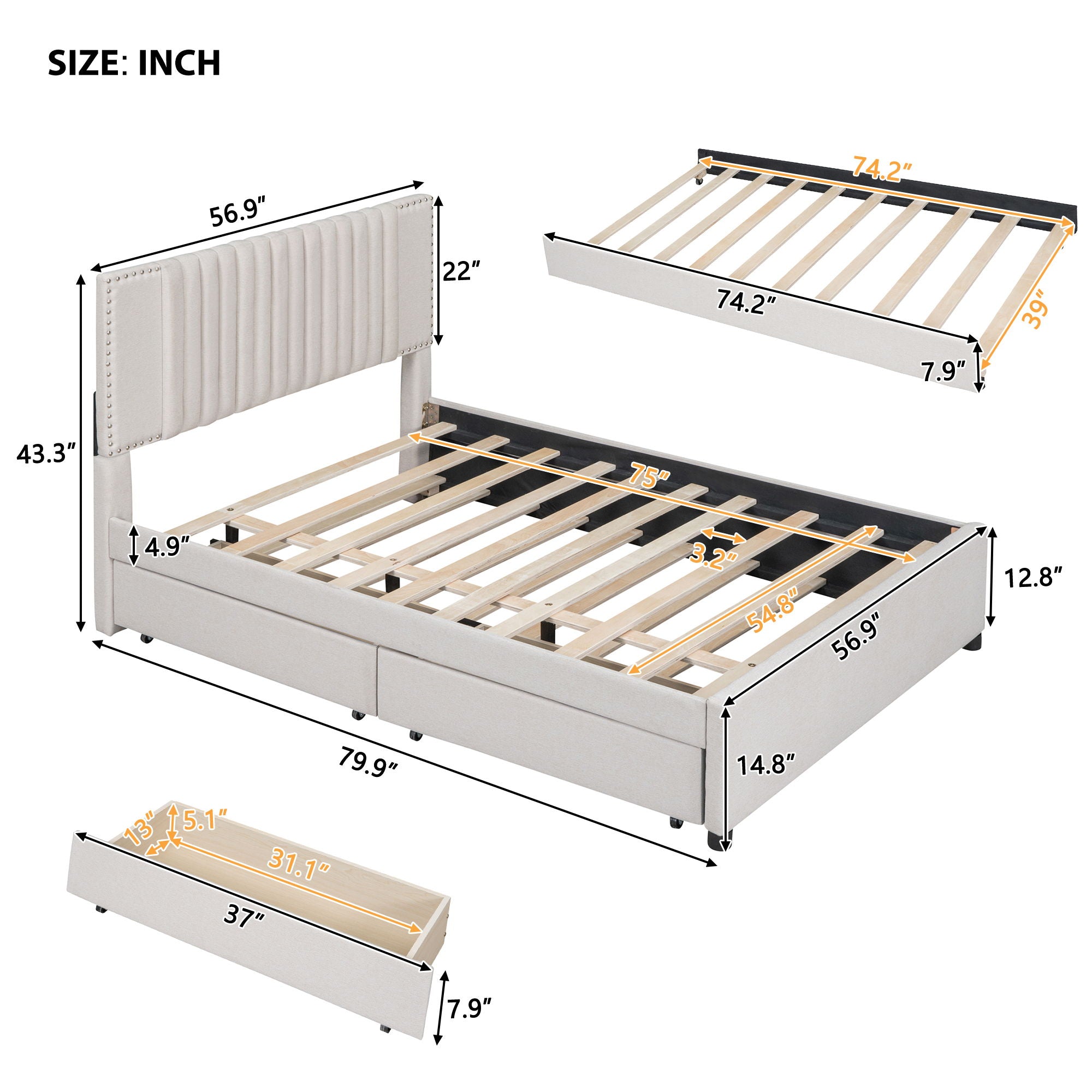 Upholstered Platform Bed With 2 Drawers And 1 Trundle, Classic Headboard Design