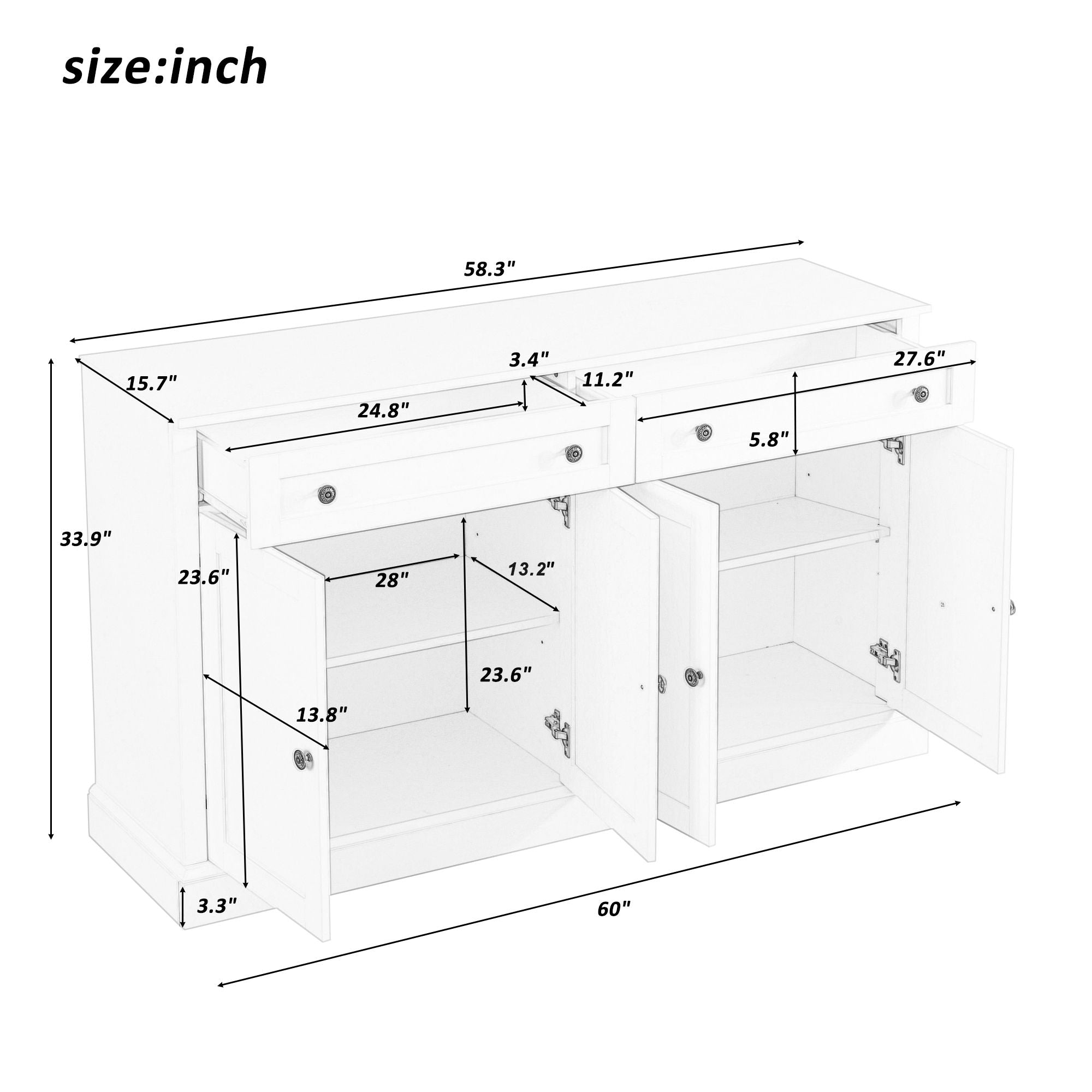 Kitchen Sideboard Storage Buffet Cabinet With 2 Drawers & 4 Doors Adjustable Shelves For Dining Room, Living Room