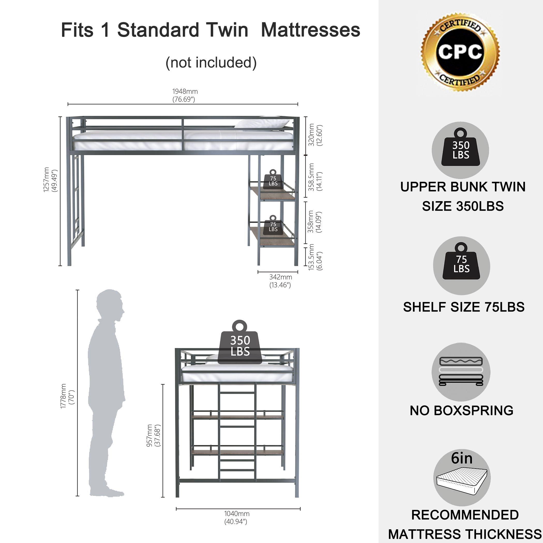 Adam - Junior Twin Loft Bunk Bed With Cinnamon Wood Shelf - Black