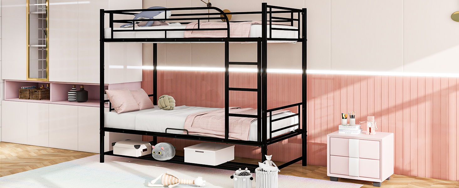 Twin Over Twin Metal Bunk Bed With Shelf And Guardrails