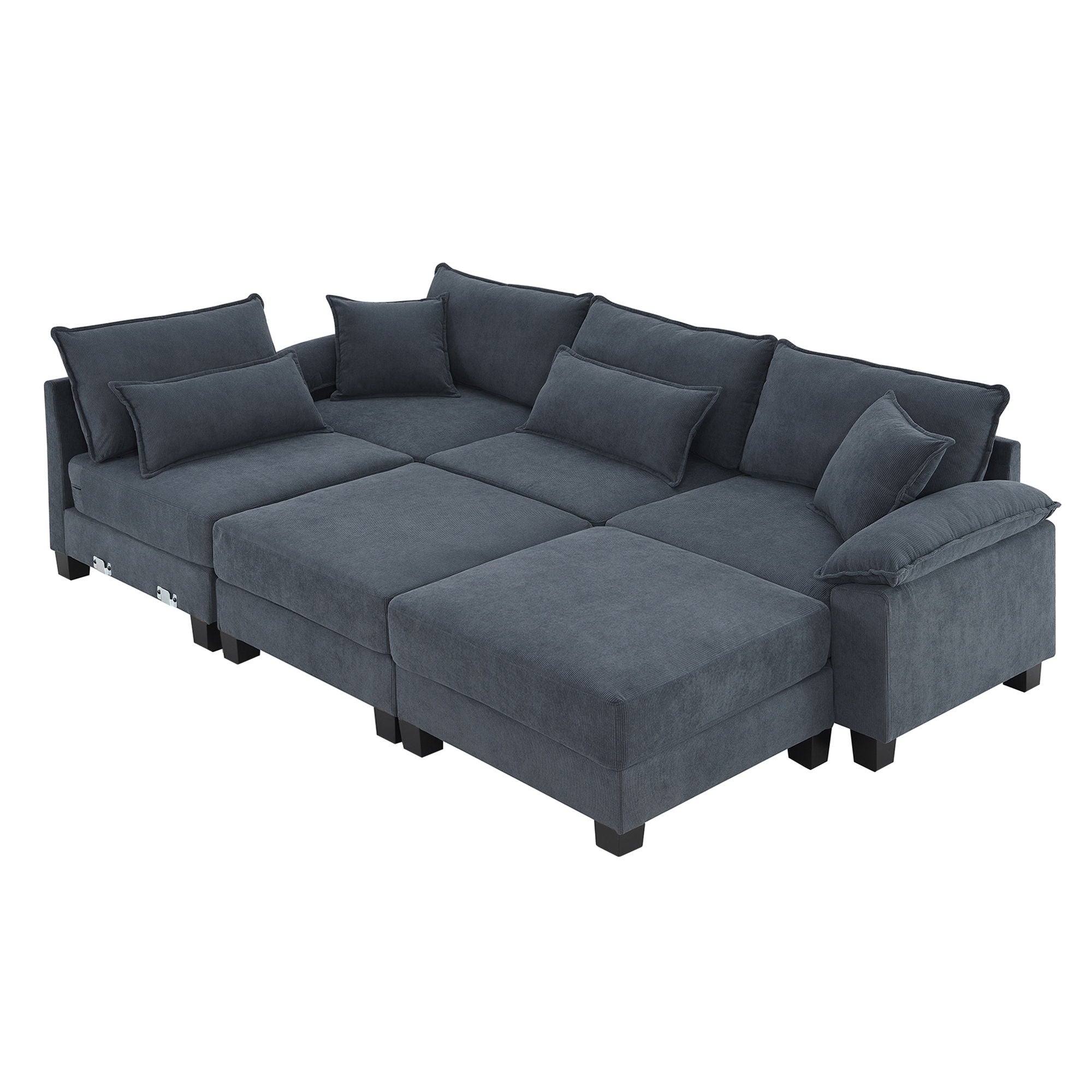 Corduroy Modular Sectional Sofa, U Shaped Couch With Armrest Bags, 6 Seat Freely Combinable Sofa Bed, Comfortable And Spacious Indoor Furniture For Living Room