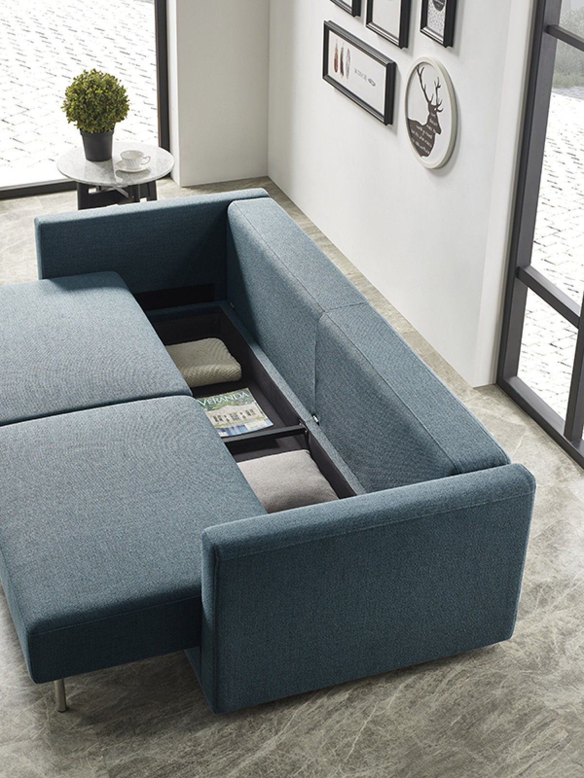 Long Arm Sofa Bed With Storage Space - Blue / Green