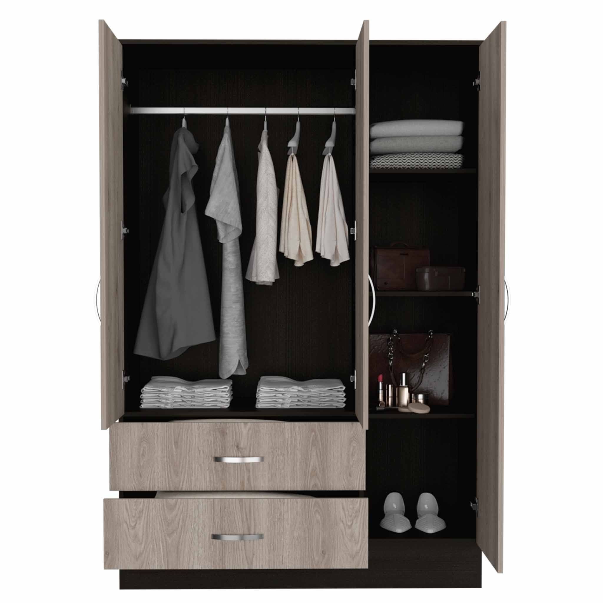 Three Door Wardrobe Closet With Mirror - Light Oak /	Black