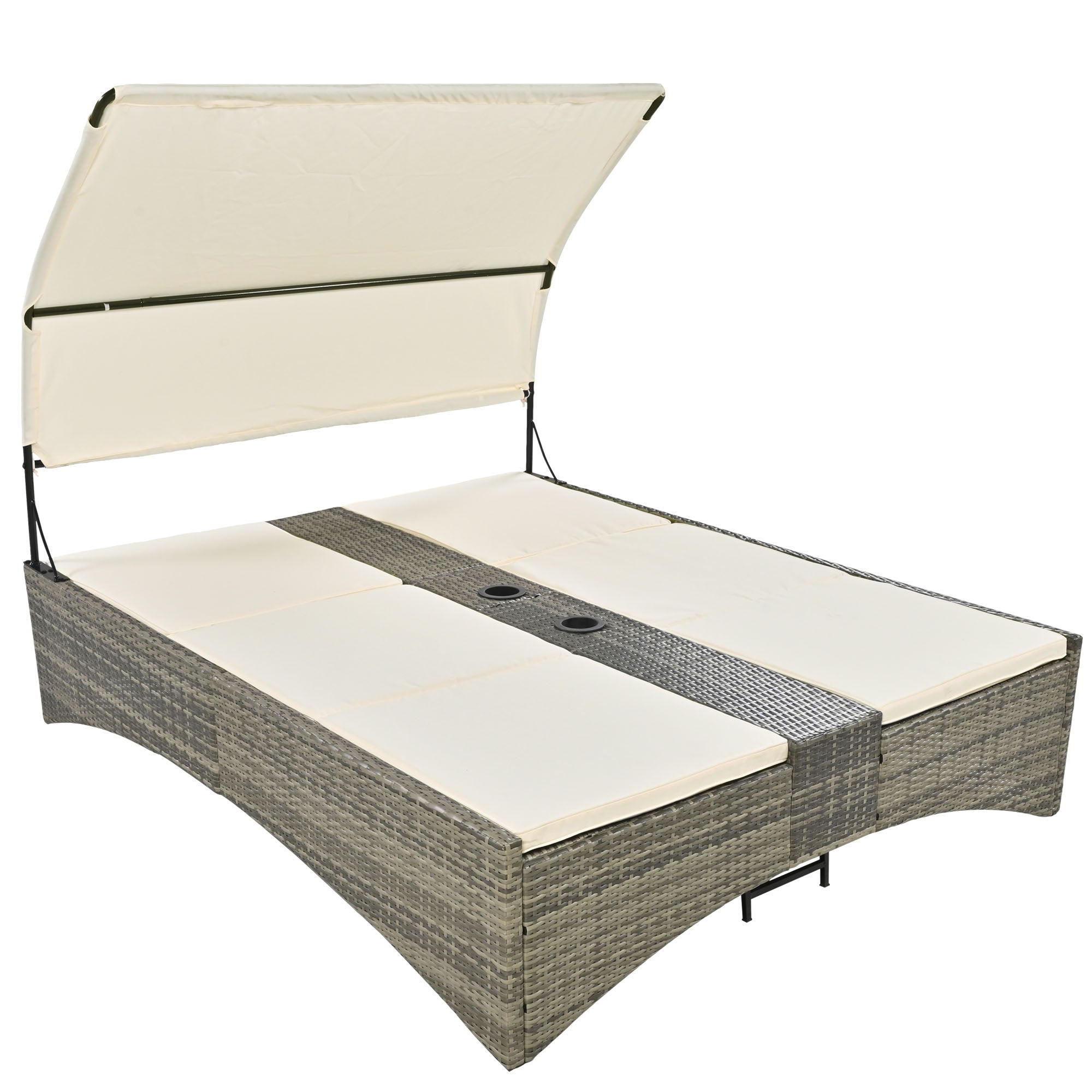 Patio Daybed Outdoor Daybed Sun Lounger With Shelter Roof With Adjustable Backrest, Storage Box And 2 Cup Holders For Patio, Balcony, Poolside