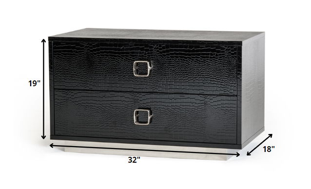 Croc Lacquer Faux Crocodile 2 Drawer Nightstand - Black