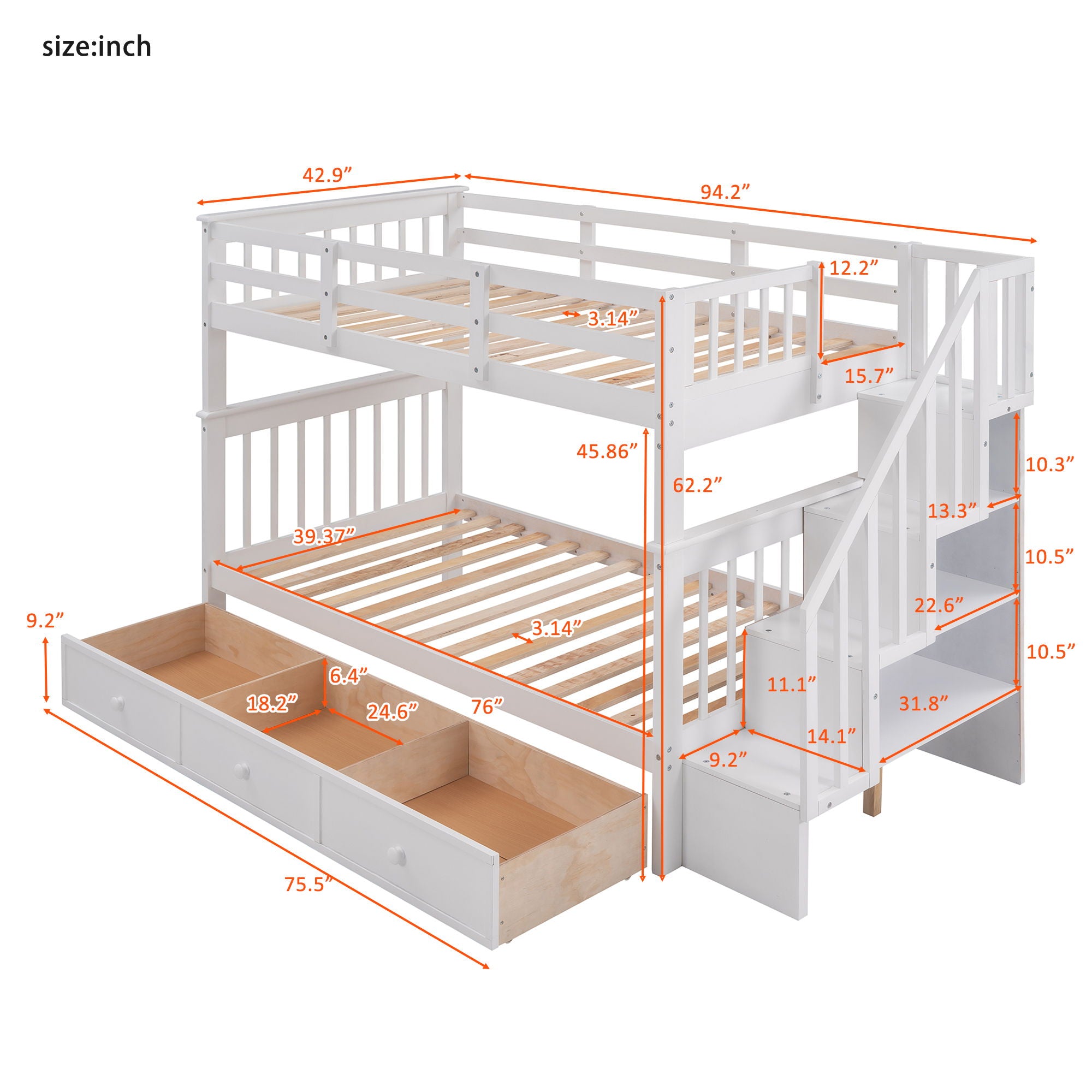 Stairway Twin Over Twin Bunk Bed With Three Drawers For Bedroom, Dorm