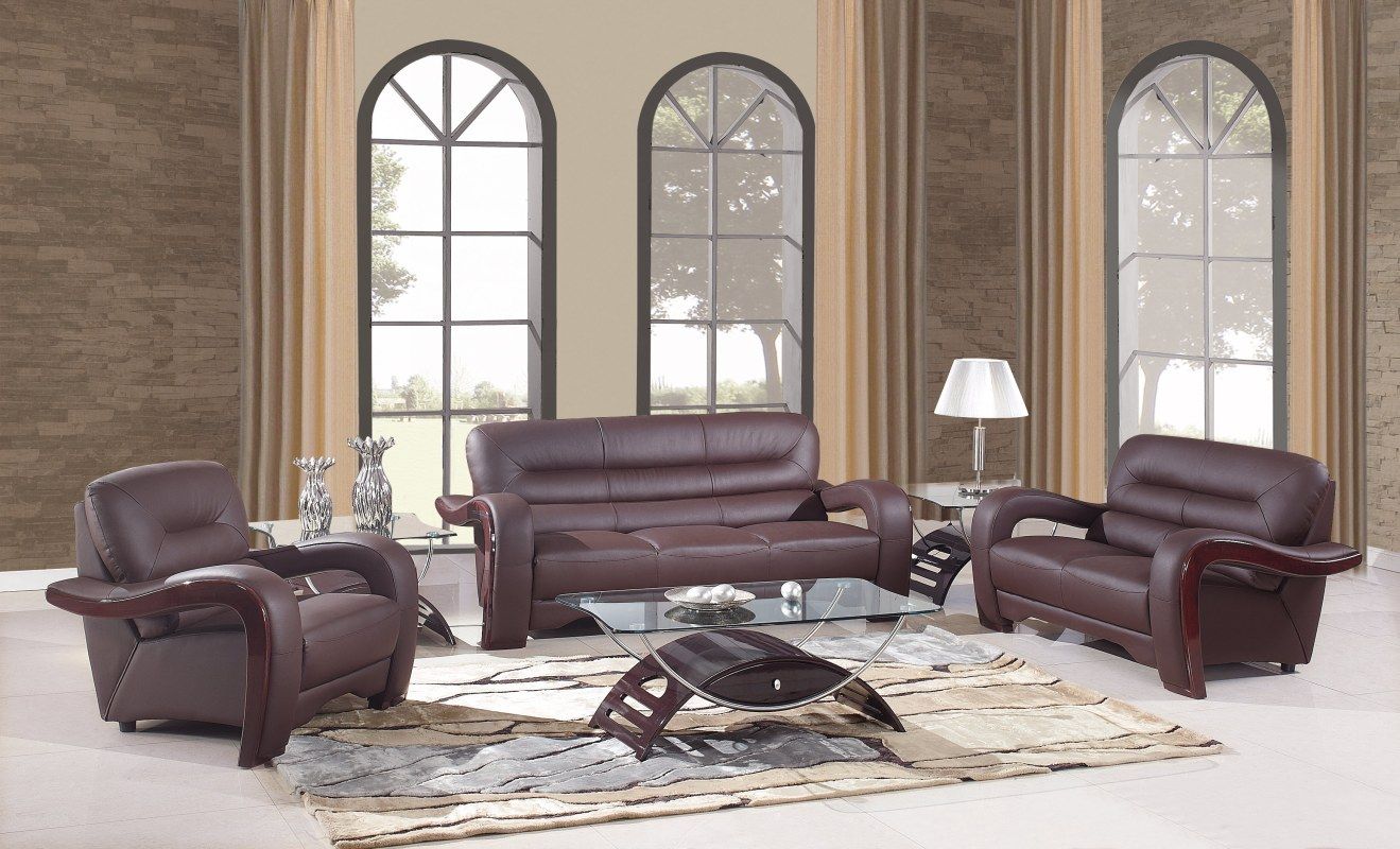 Three Piece Indoor Genuine Leather Six Person Seating Set - Brown