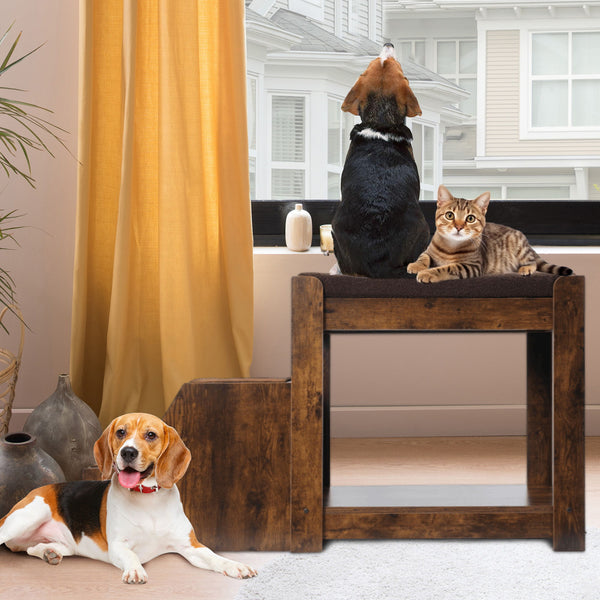 Pet Bunk Bed With Removable Step For Dogs And Cats, Multi-Level Bed Window Perch Seat Platform With Cushion And Cat Scratch Pad, Indoor Use - Dark Brown