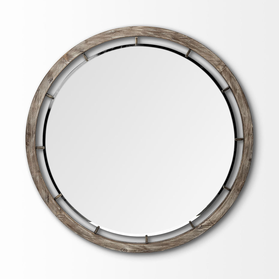 46" Round Wood Frame Wall Mirror - Brown