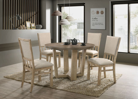 Brutus - 5 Piece Wide Contemporary Round Dining Table With Wheat Colored Fabric Chairs (Set of 5) - Vintage Walnut by Lilola Home | Bel Furniture