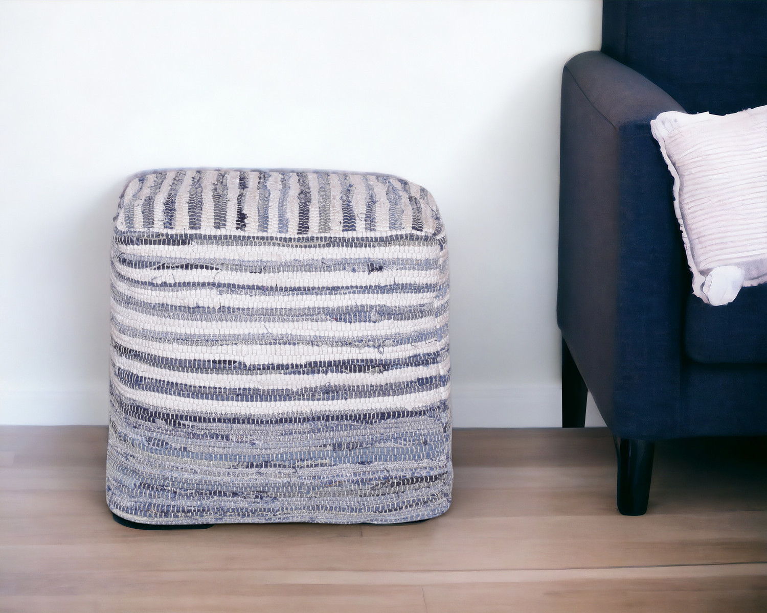 Cotton Cube Striped Pouf Ottoman - Blue