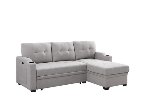 Mabel - Linen Fabric Sleeper Sectional With Cupholder, USB Charging Port And Pocket Gray by Lilola Home | Bel Furniture