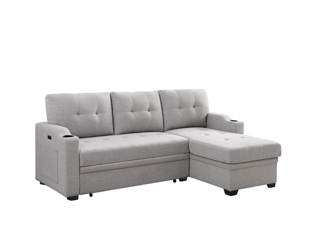 Mabel - Linen Fabric Sleeper Sectional With Cupholder, USB Charging Port And Pocket Gray by Lilola Home | Bel Furniture