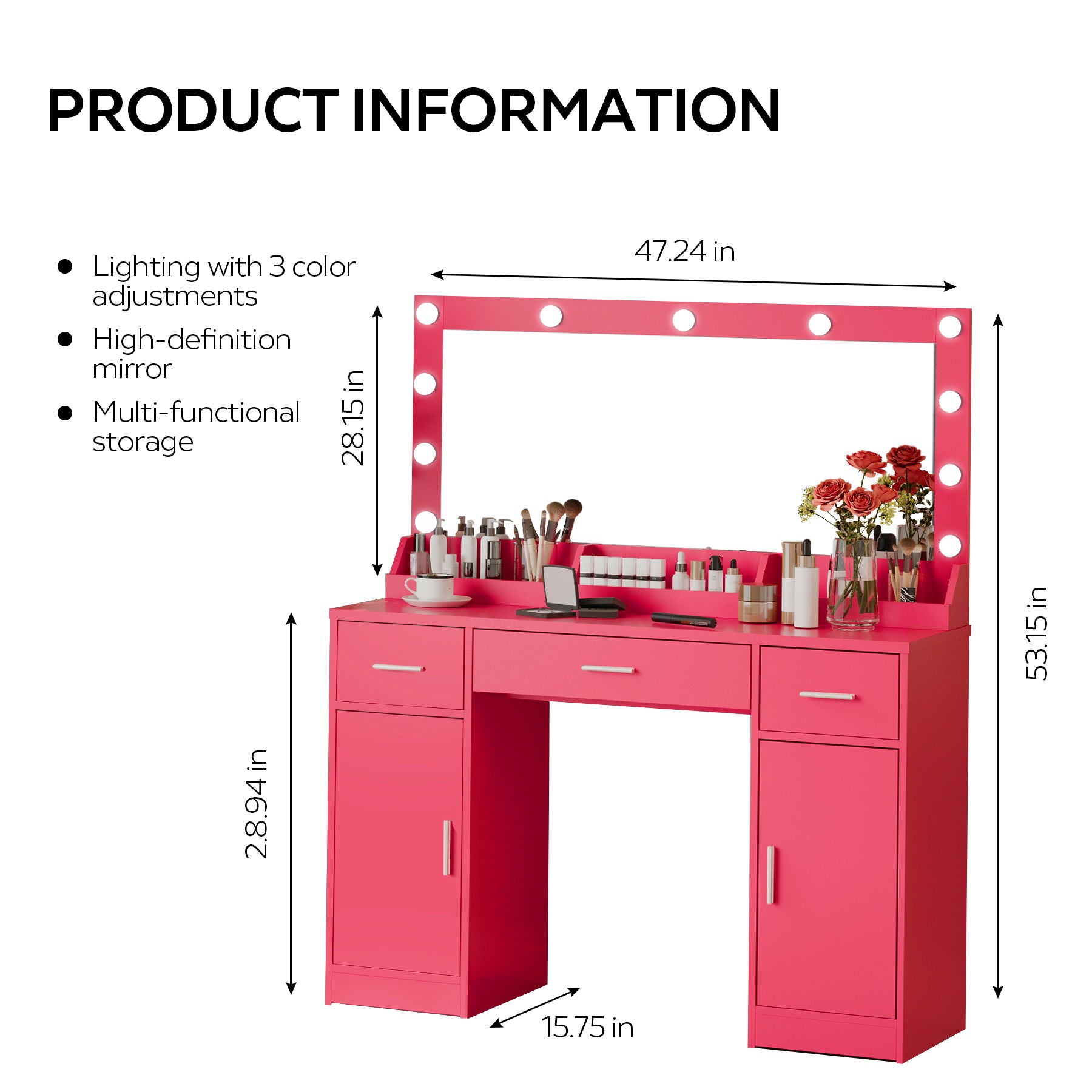 Vanity Desk With Large Mirror, 3 Colour Lighting Modes, Adjustable Brightness, Dresser With 3 Drawers & 2 Vertical Cabinets, Makeup Vanity Table For Women & Girls